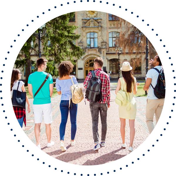 group of college students walking together on campus