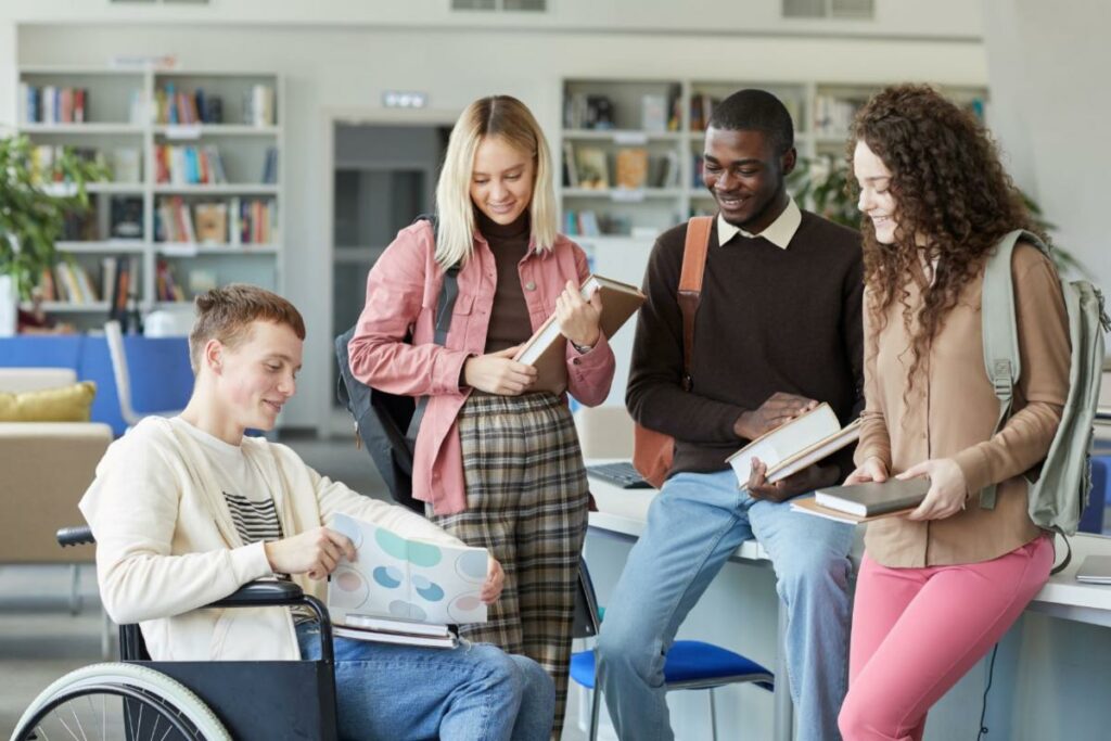 diverse higher education level students holding their books and chatting