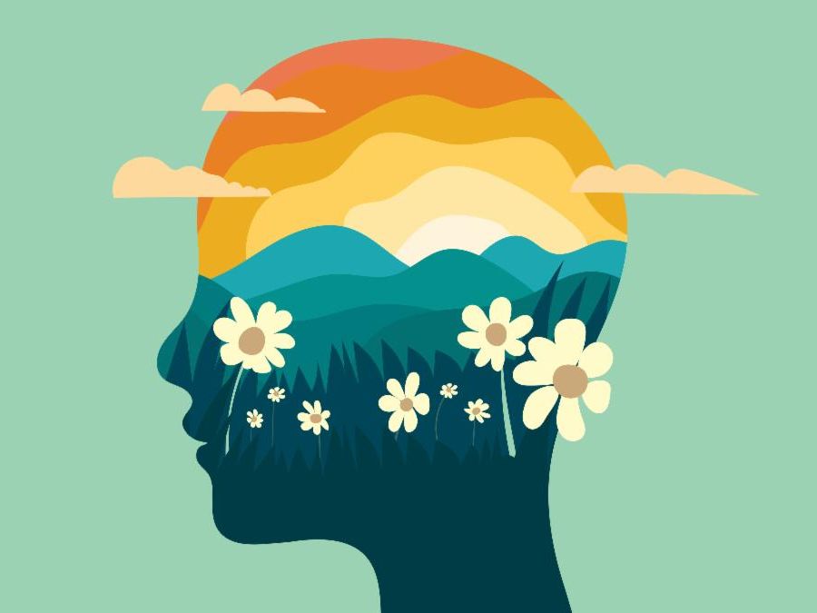 an illustrated graphic depicting calm spring landscape inside of a head silhouette