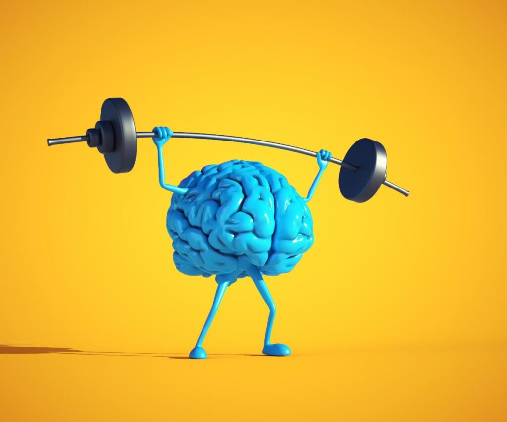 graphic of a cartoon blue brain lifting weights